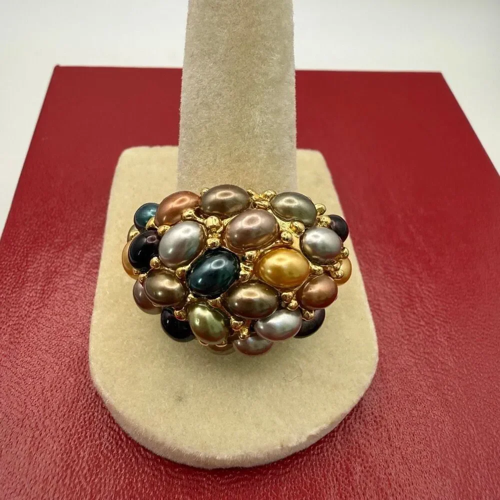 Kenneth Jay Lane vintage gold tone ring dome multi-colored faux pearls New sz 10